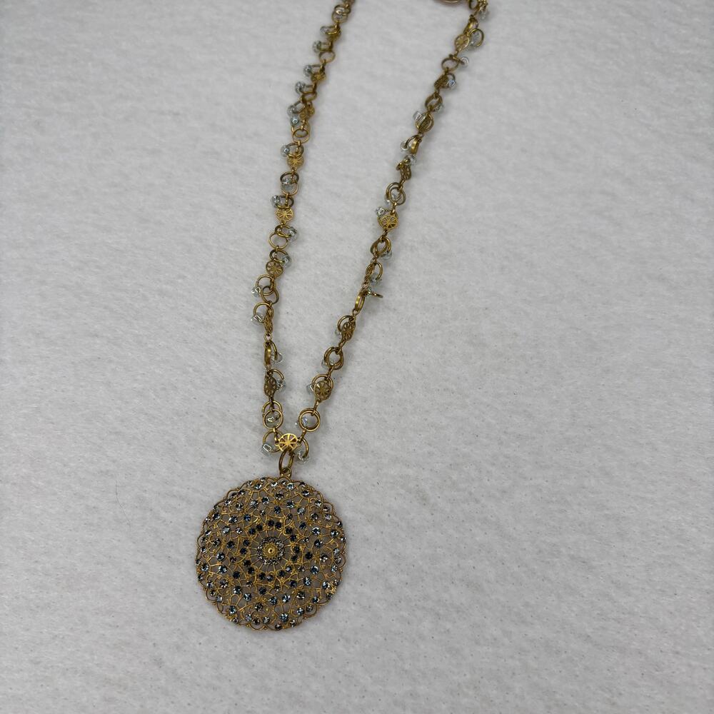 Catherine Popesco France Gold Filigree Crystal Medallion Pendant Necklace
